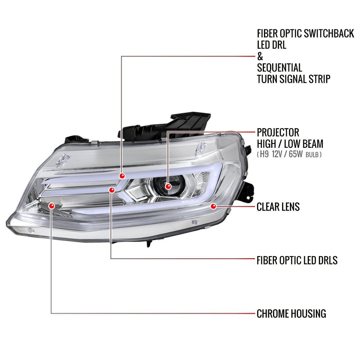 2016-2018 Chevrolet Camaro LED Strip Projector Headlights w/ Sequential Turn Signal Lights (Chrome Housing/Clear Lens)
