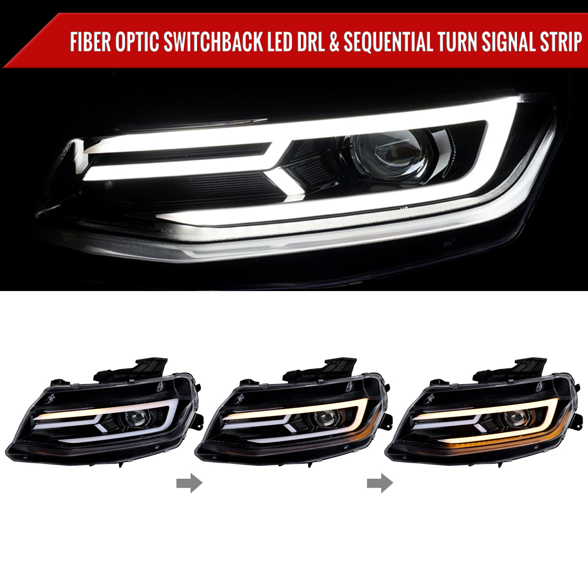 2016-2018 Chevrolet Camaro LED Strip Projector Headlights w/ Sequential Turn Signal Lights (Glossy Black Housing/Clear Lens)