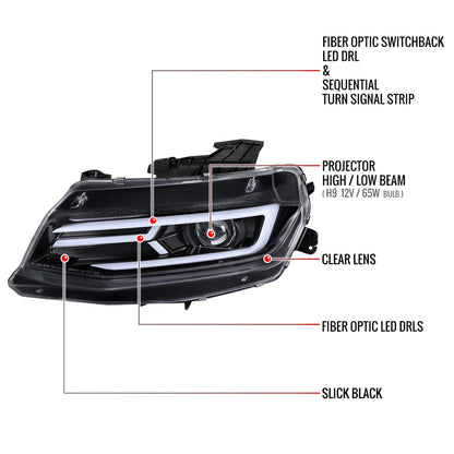 2016-2018 Chevrolet Camaro LED Strip Projector Headlights w/ Sequential Turn Signal Lights (Glossy Black Housing/Clear Lens)