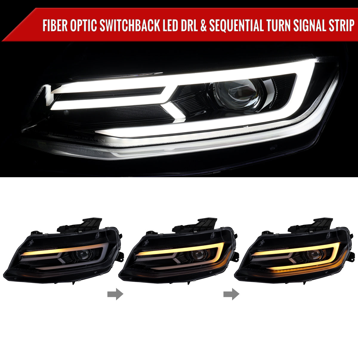 2016-2018 Chevrolet Camaro LED Strip Projector Headlights w/ Sequential Turn Signal Lights (Chrome Housing/Smoked Lens)