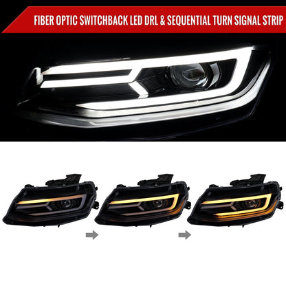 2016-2018 Chevrolet Camaro LED Strip Projector Headlights w/ Sequential Turn Signal Lights (Chrome Housing/Smoked Lens)