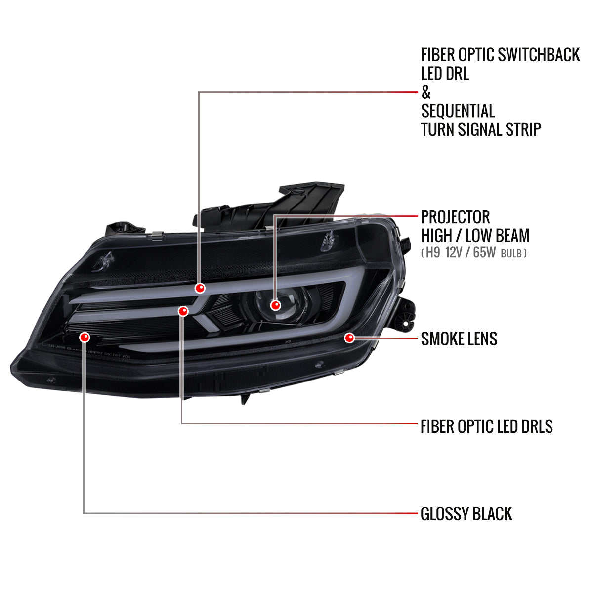 2016-2018 Chevrolet Camaro LED Strip Projector Headlights w/ Sequential Turn Signal Lights (Chrome Housing/Smoked Lens)