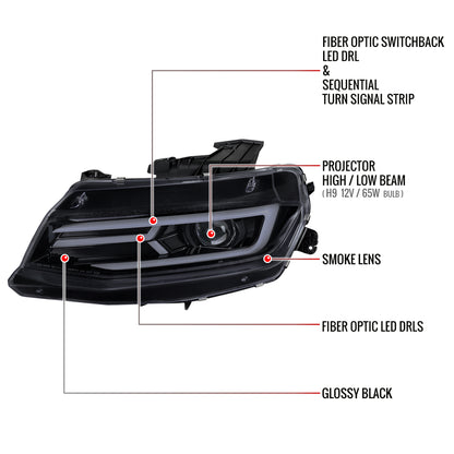 2016-2018 Chevrolet Camaro LED Strip Projector Headlights w/ Sequential Turn Signal Lights (Chrome Housing/Smoked Lens)