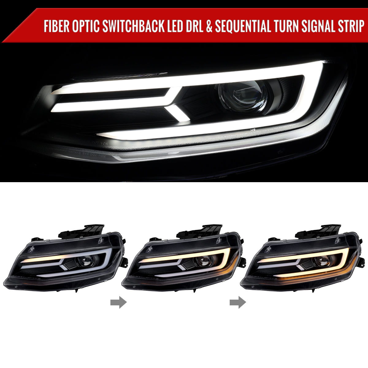 2016-2018 Chevrolet Camaro LED Strip Projector Headlights w/ Sequential Turn Signal Lights (Matte Black Housing/Clear Lens)