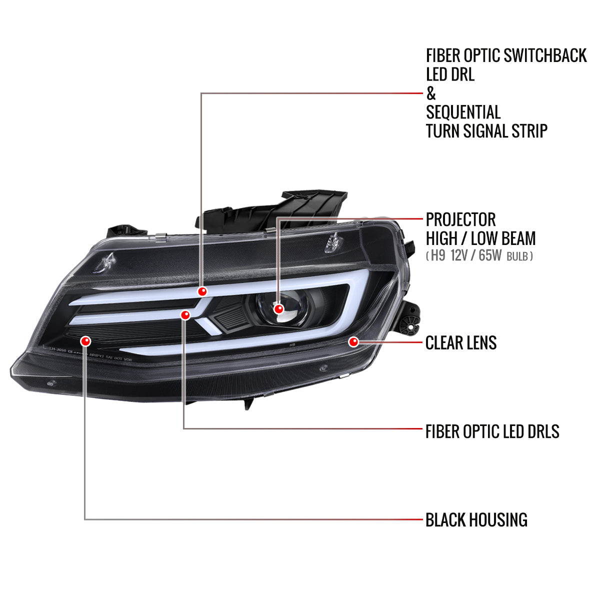 2016-2018 Chevrolet Camaro LED Strip Projector Headlights w/ Sequential Turn Signal Lights (Matte Black Housing/Clear Lens)