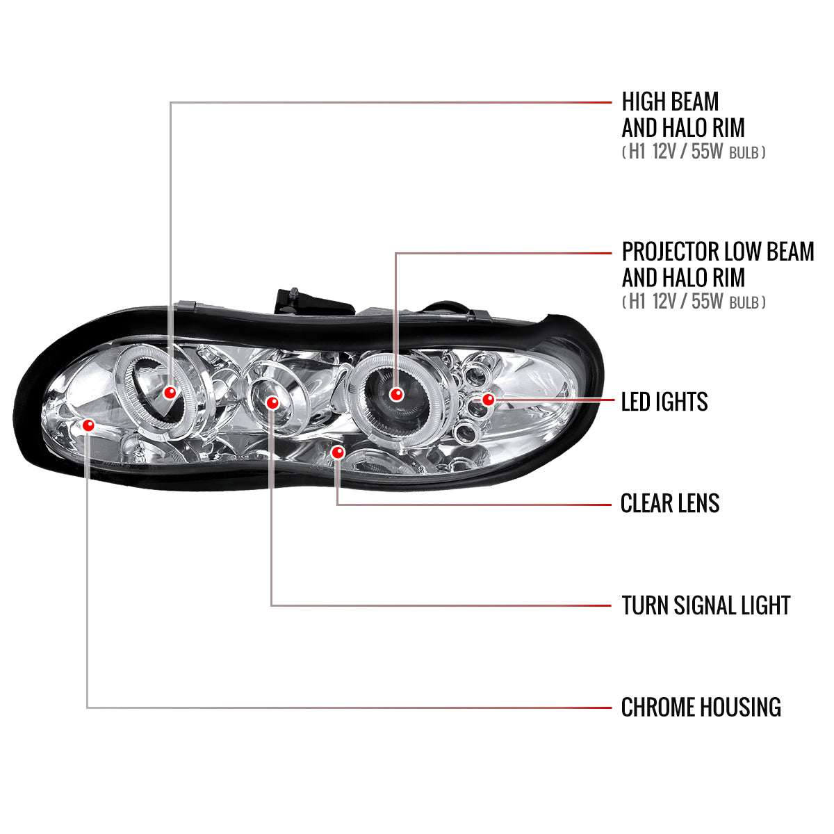 1998-2002 Chevrolet Camaro Dual Halo Projector Headlights (Chrome Housing/Clear Lens)