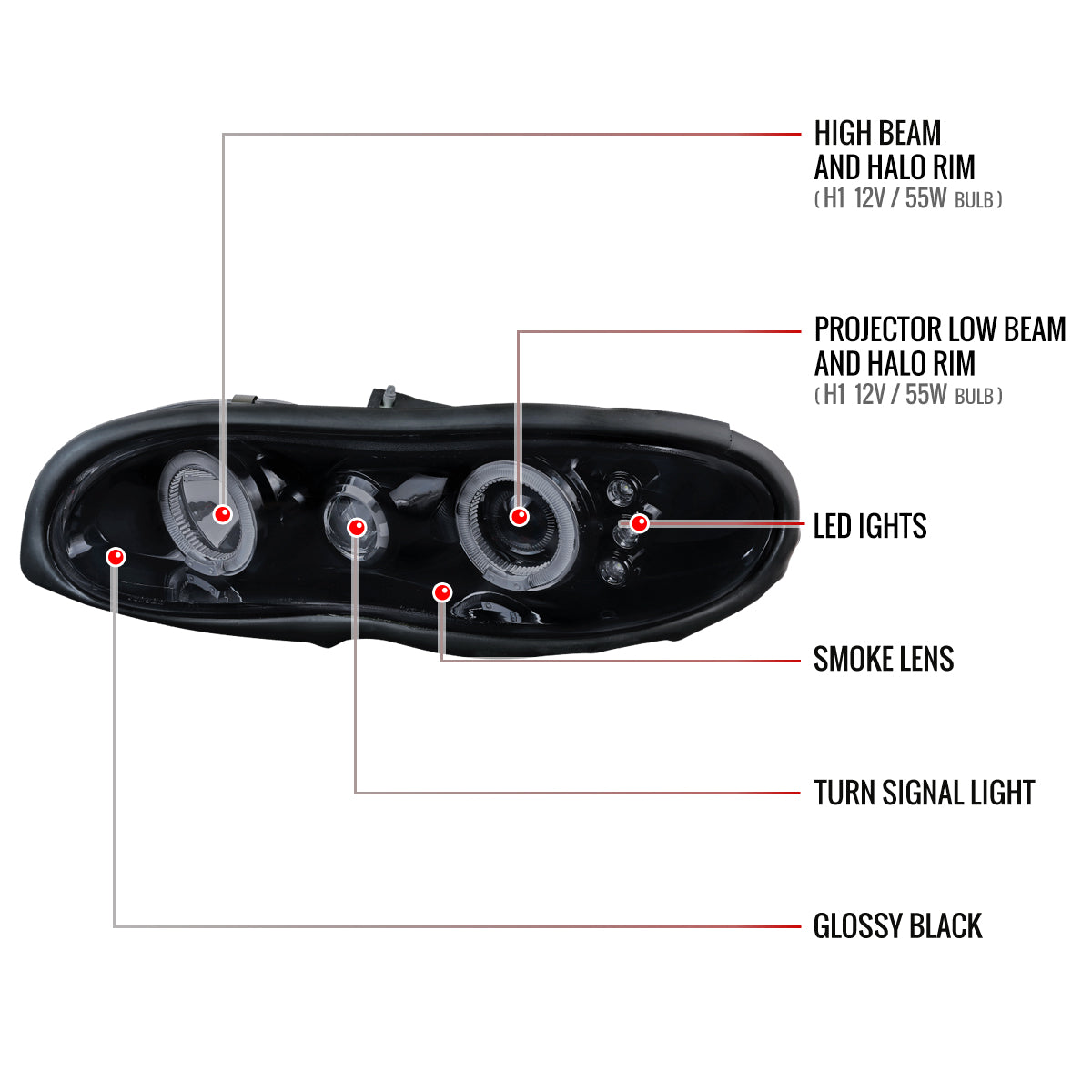1998-2002 Chevrolet Camaro Dual Halo Projector Headlights (Glossy Black Housing/Smoked Lens)