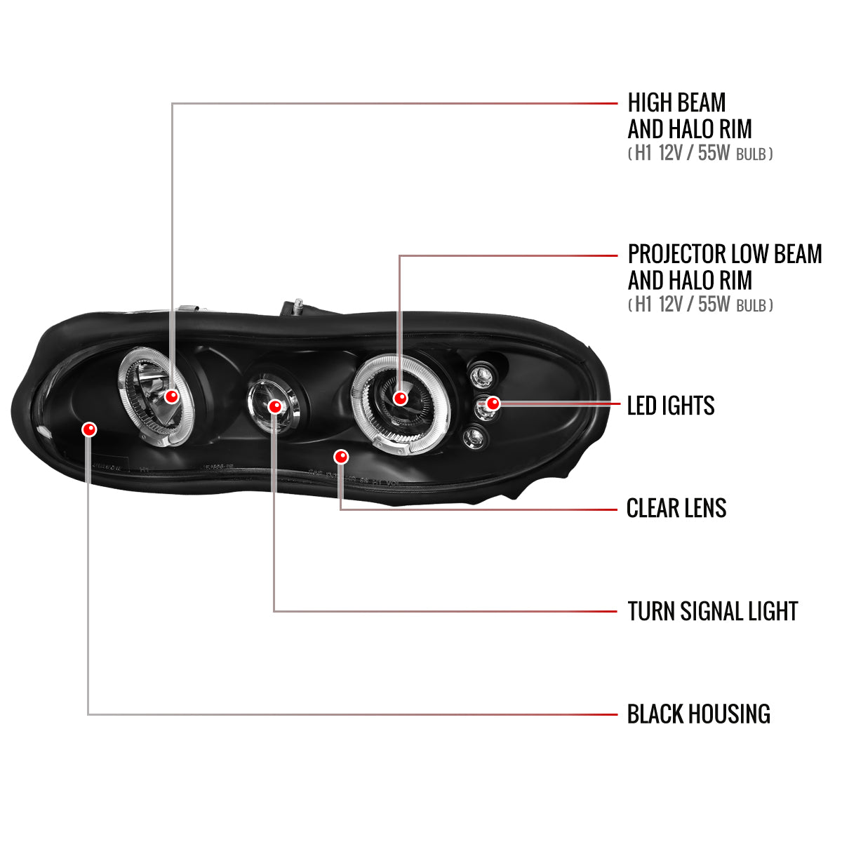 1998-2002 Chevrolet Camaro Dual Halo Projector Headlights (Matte Black Housing/Clear Lens)