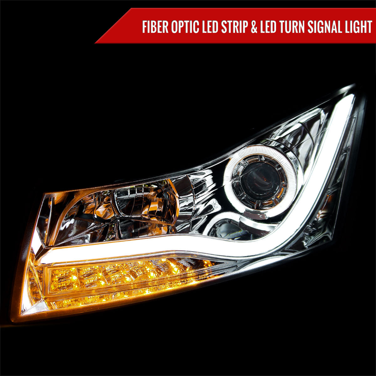 2011-2015 Chevrolet Cruze / 2016 Cruze Limited Halo Projector Headlights w/ LED Light Bar & LED Turn Signal Lights (Chrome Housing/Clear Lens)
