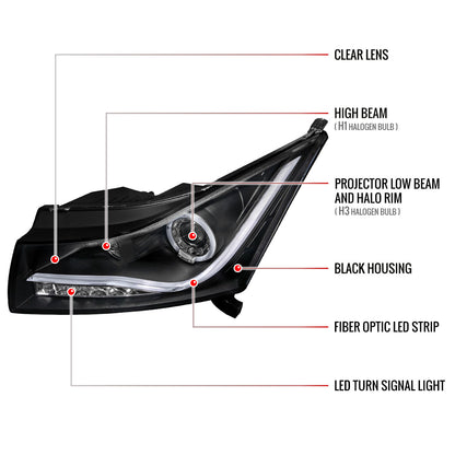 2011-2015 Chevrolet Cruze / 2016 Cruze Limited Halo Projector Headlights w/ LED Light Bar & LED Turn Signal Lights (Matte Black Housing/Clear Lens)