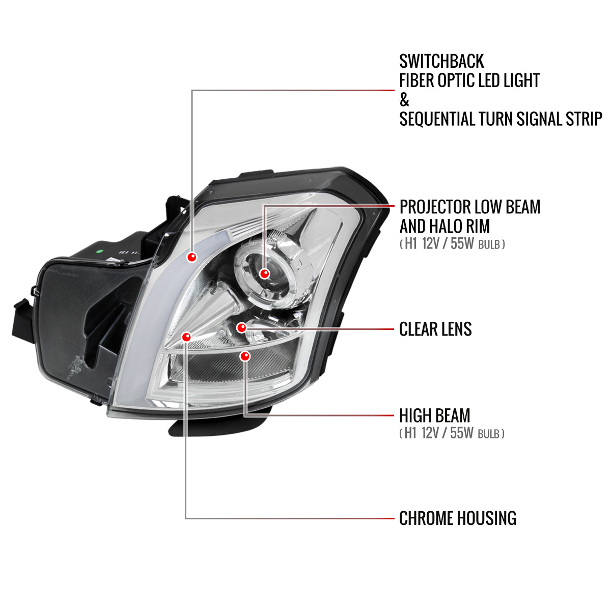 2003-2007 Cadillac CTS Halo Switchback Sequential LED Turn Signal Projector Headlights (Chrome Housing/Clear Lens)