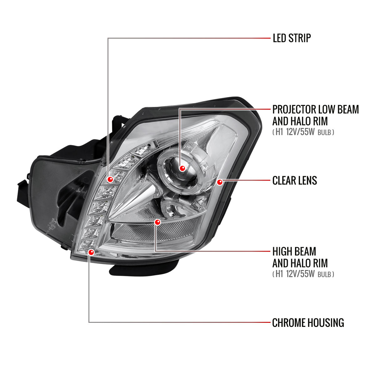 2003-2007 Cadillac CTS Halo Projector Headlights w/ SMD LED Light Strip (Chrome Housing/Clear Lens)