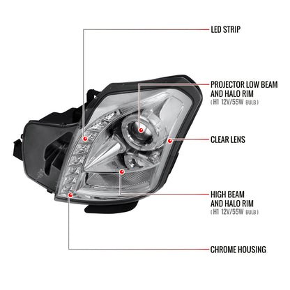 2003-2007 Cadillac CTS Halo Projector Headlights w/ SMD LED Light Strip (Chrome Housing/Clear Lens)