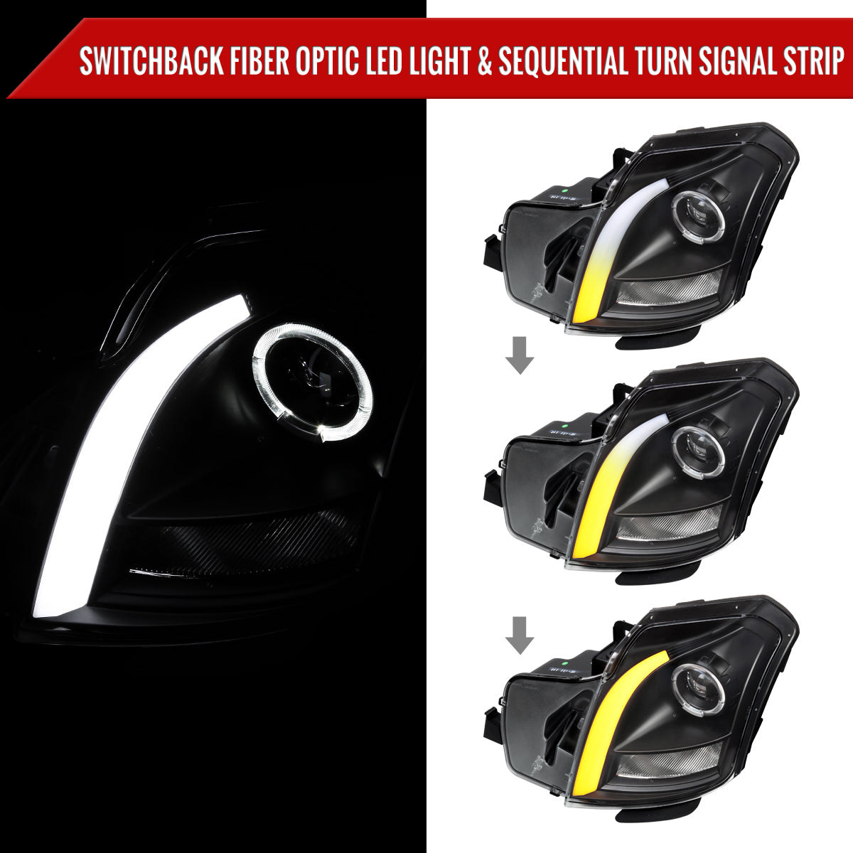 2003-2007 Cadillac CTS Halo Switchback Sequential LED Turn Signal Projector Headlights (Matte Black Housing/Clear Lens)