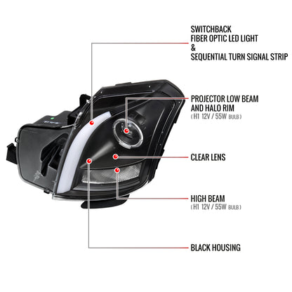 2003-2007 Cadillac CTS Halo Switchback Sequential LED Turn Signal Projector Headlights (Matte Black Housing/Clear Lens)