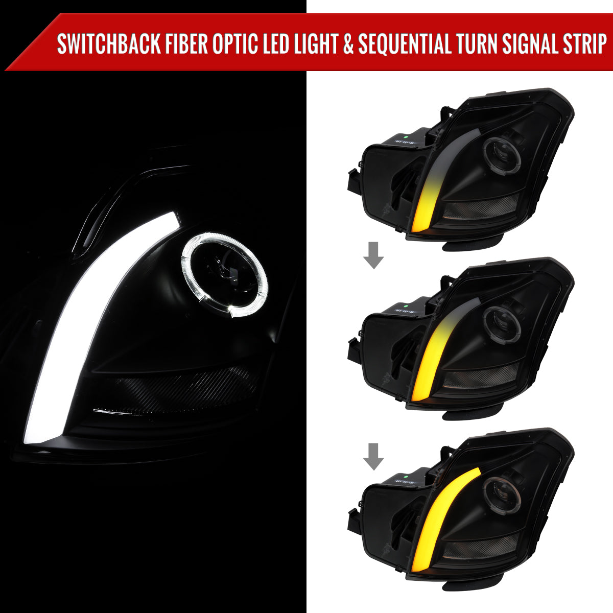 2003-2007 Cadillac CTS Halo Switchback Sequential LED Turn Signal Projector Headlights (Matte Black Housing/Smoked Lens)