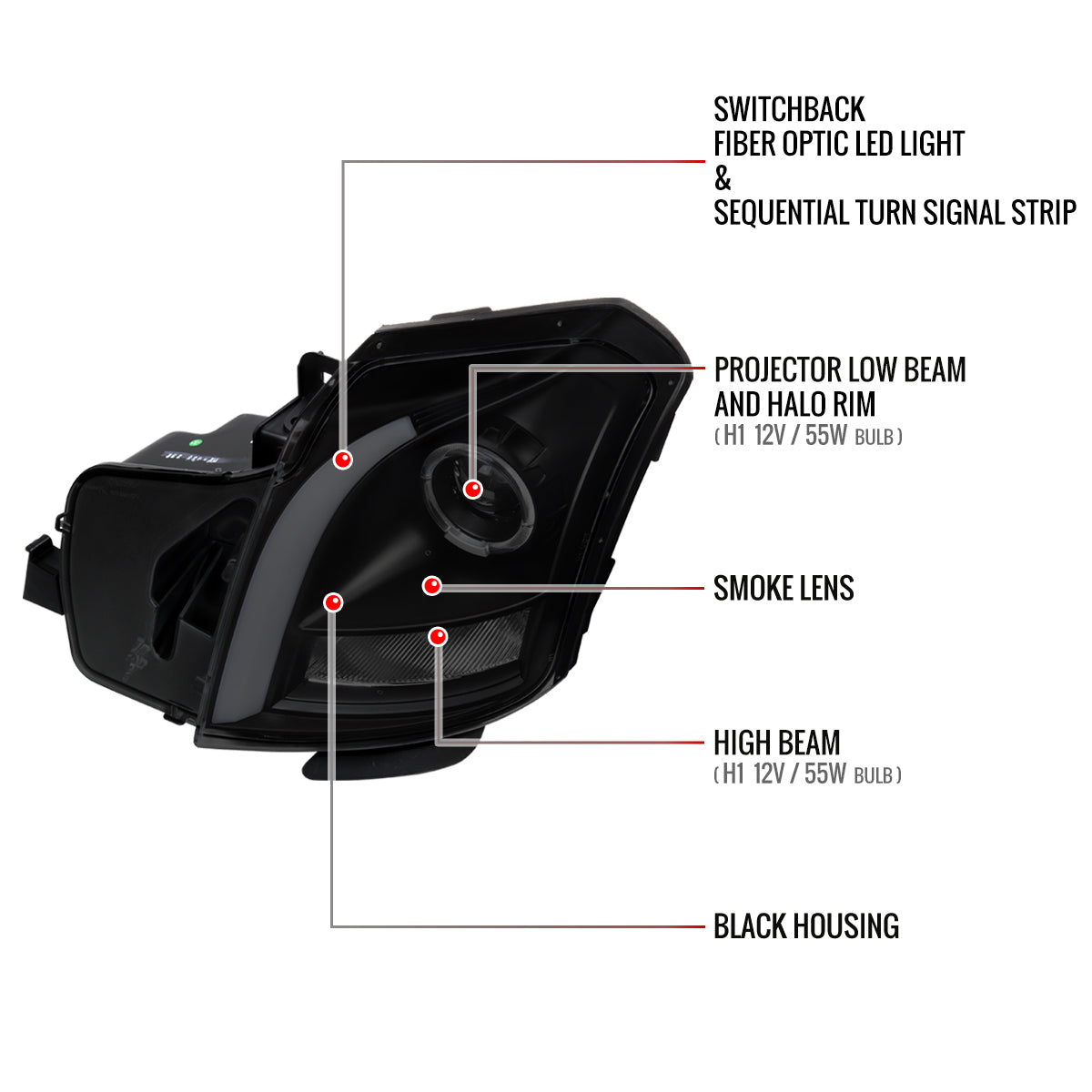 2003-2007 Cadillac CTS Halo Switchback Sequential LED Turn Signal Projector Headlights (Matte Black Housing/Smoked Lens)