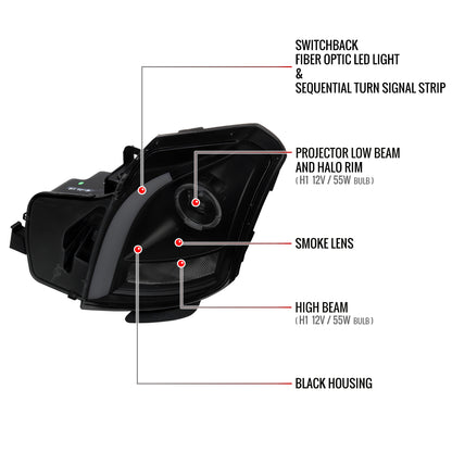 2003-2007 Cadillac CTS Halo Switchback Sequential LED Turn Signal Projector Headlights (Matte Black Housing/Smoked Lens)