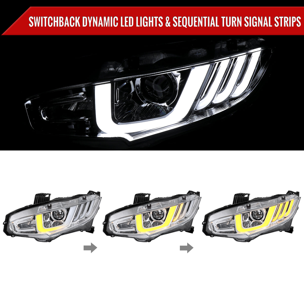 2016-2021 Honda Civic Projector Headlights w/ LED Switchback Sequential Turn Signal (Chrome Housing/Clear Lens)