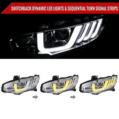 2016-2021 Honda Civic Projector Headlights w/ LED Switchback Sequential Turn Signal (Chrome Housing/Clear Lens)