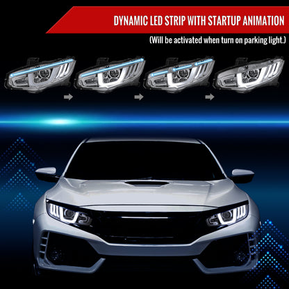 2016-2021 Honda Civic Projector Headlights w/ LED Switchback Sequential Turn Signal (Chrome Housing/Clear Lens)