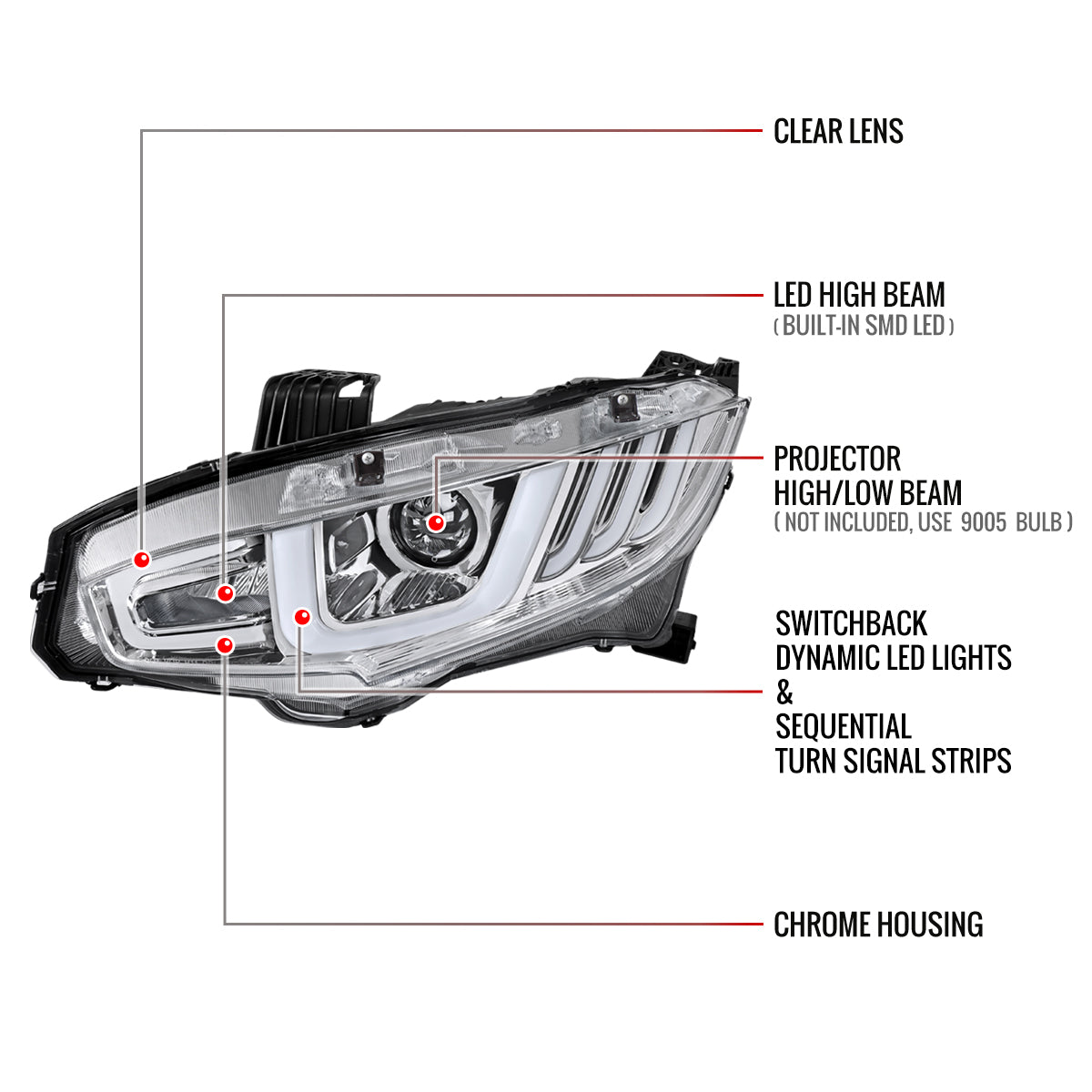 2016-2021 Honda Civic Projector Headlights w/ LED Switchback Sequential Turn Signal (Chrome Housing/Clear Lens)