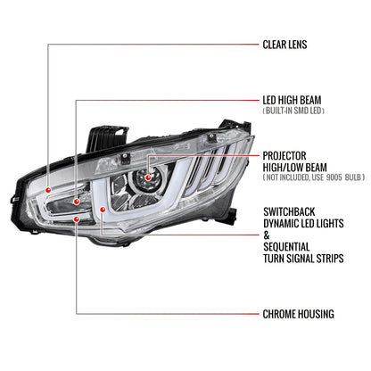 2016-2021 Honda Civic Projector Headlights w/ LED Switchback Sequential Turn Signal (Chrome Housing/Clear Lens)
