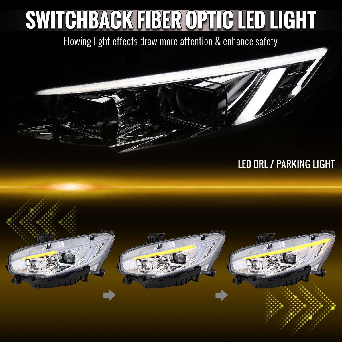 2016-2021 Honda Civic Projector Headlights w/ Switchback LED Sequential Turn Signals DRL Parking Light Strip (Chrome Housing  / Clear Lens)