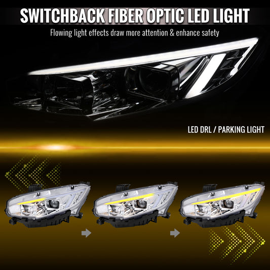 2016-2021 Honda Civic Projector Headlights w/ Switchback LED Sequential Turn Signals DRL Parking Light Strip (Chrome Housing  / Clear Lens)