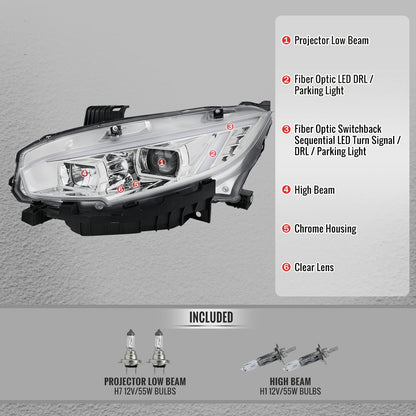 2016-2021 Honda Civic Projector Headlights w/ Switchback LED Sequential Turn Signals DRL Parking Light Strip (Chrome Housing  / Clear Lens)