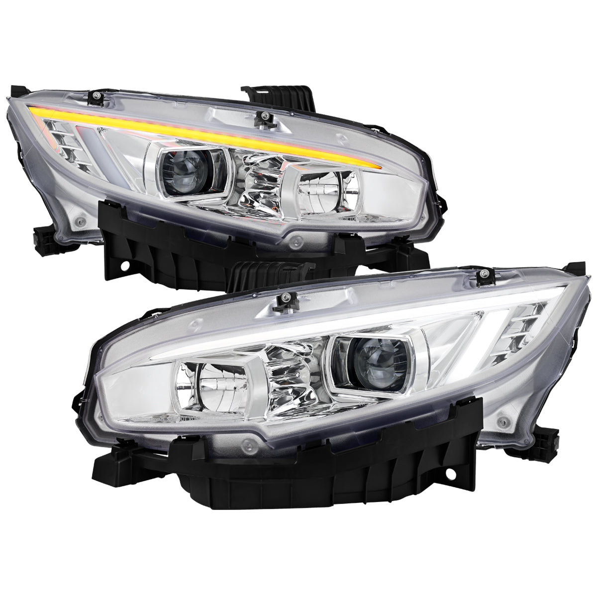 2016-2021 Honda Civic Projector Headlights w/ Switchback LED Sequential Turn Signals DRL Parking Light Strip (Chrome Housing  / Clear Lens)