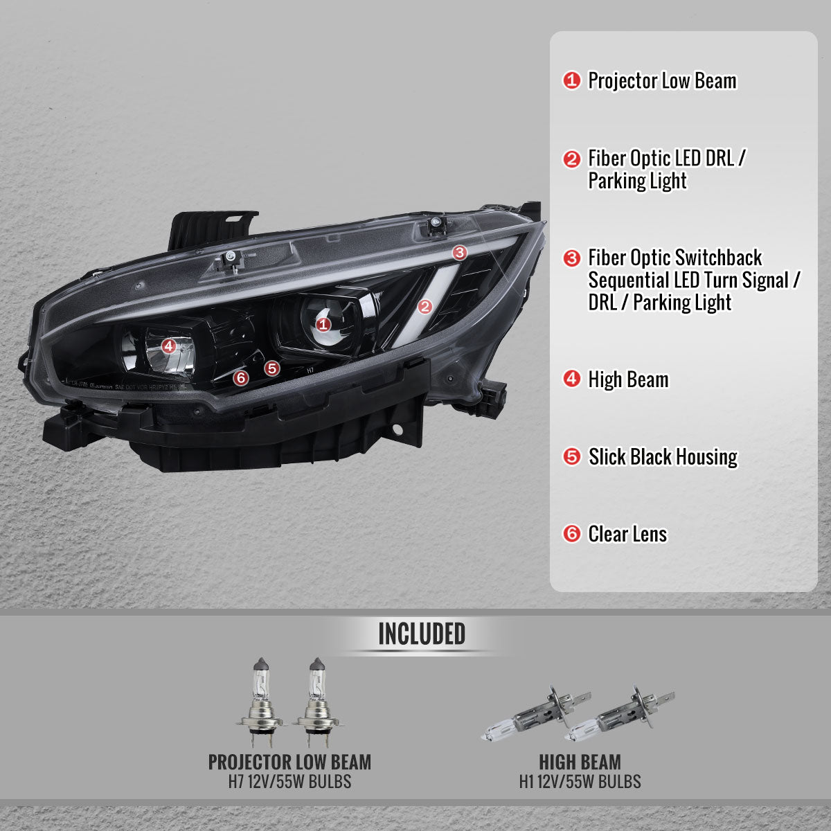 2016-2021 Honda Civic Projector Headlights w/ Switchback LED Sequential Turn Signals DRL Parking Light Strip (Jet Black Housing  / Clear Lens)