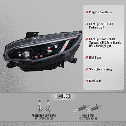 2016-2021 Honda Civic Projector Headlights w/ Switchback LED Sequential Turn Signals DRL Parking Light Strip (Jet Black Housing  / Clear Lens)