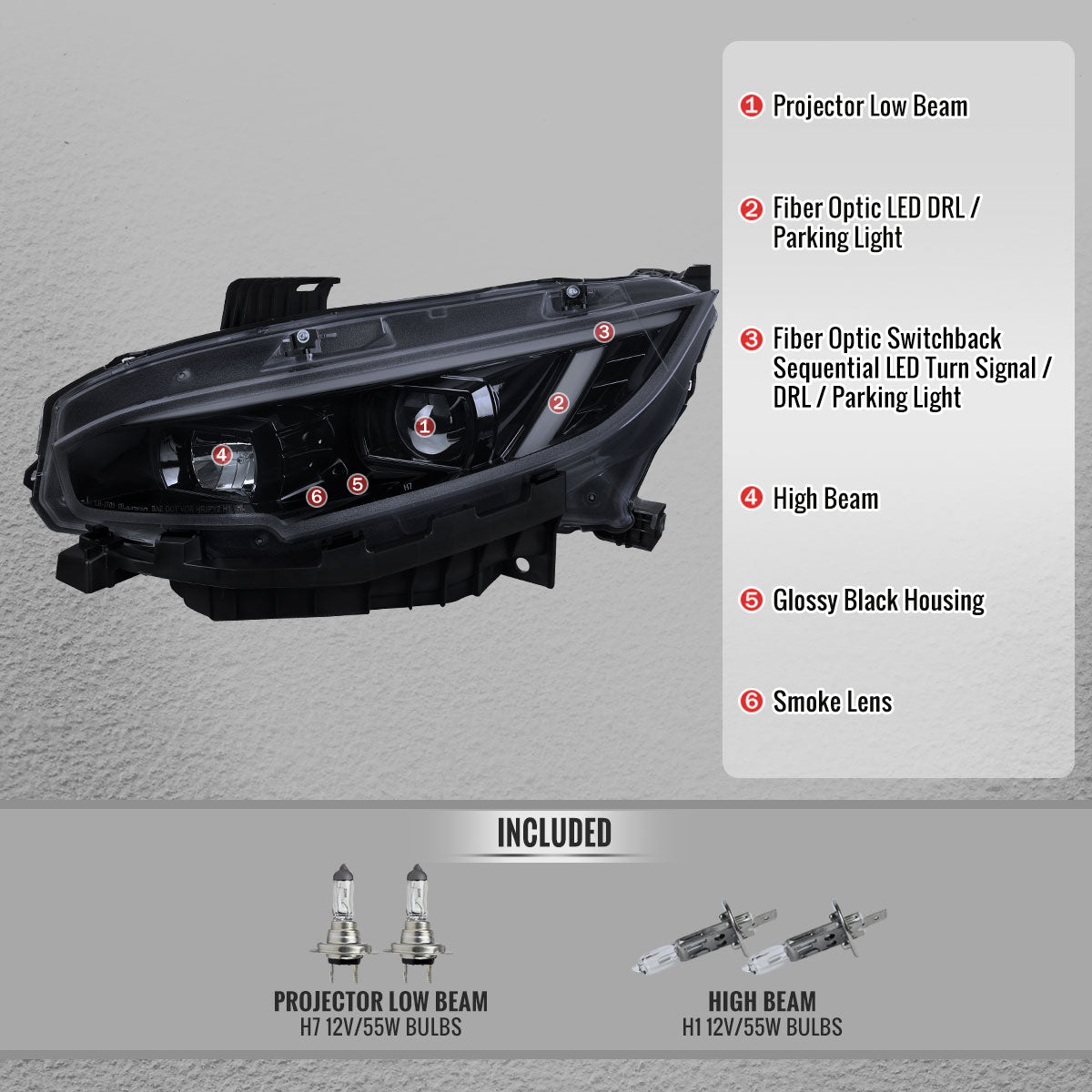 2016-2021 Honda Civic Projector Headlights w/ Switchback LED Sequential Turn Signals DRL Parking Light Strip (Glossy Black Housing  / Smoked Lens)