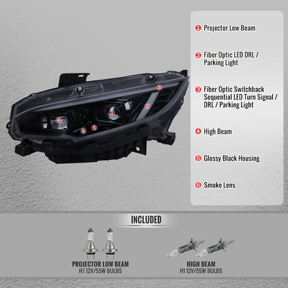 2016-2021 Honda Civic Projector Headlights w/ Switchback LED Sequential Turn Signals DRL Parking Light Strip (Glossy Black Housing  / Smoked Lens)
