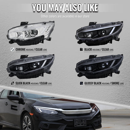2016-2021 Honda Civic Projector Headlights w/ Switchback LED Sequential Turn Signals DRL Parking Light Strip (Glossy Black Housing  / Smoked Lens)