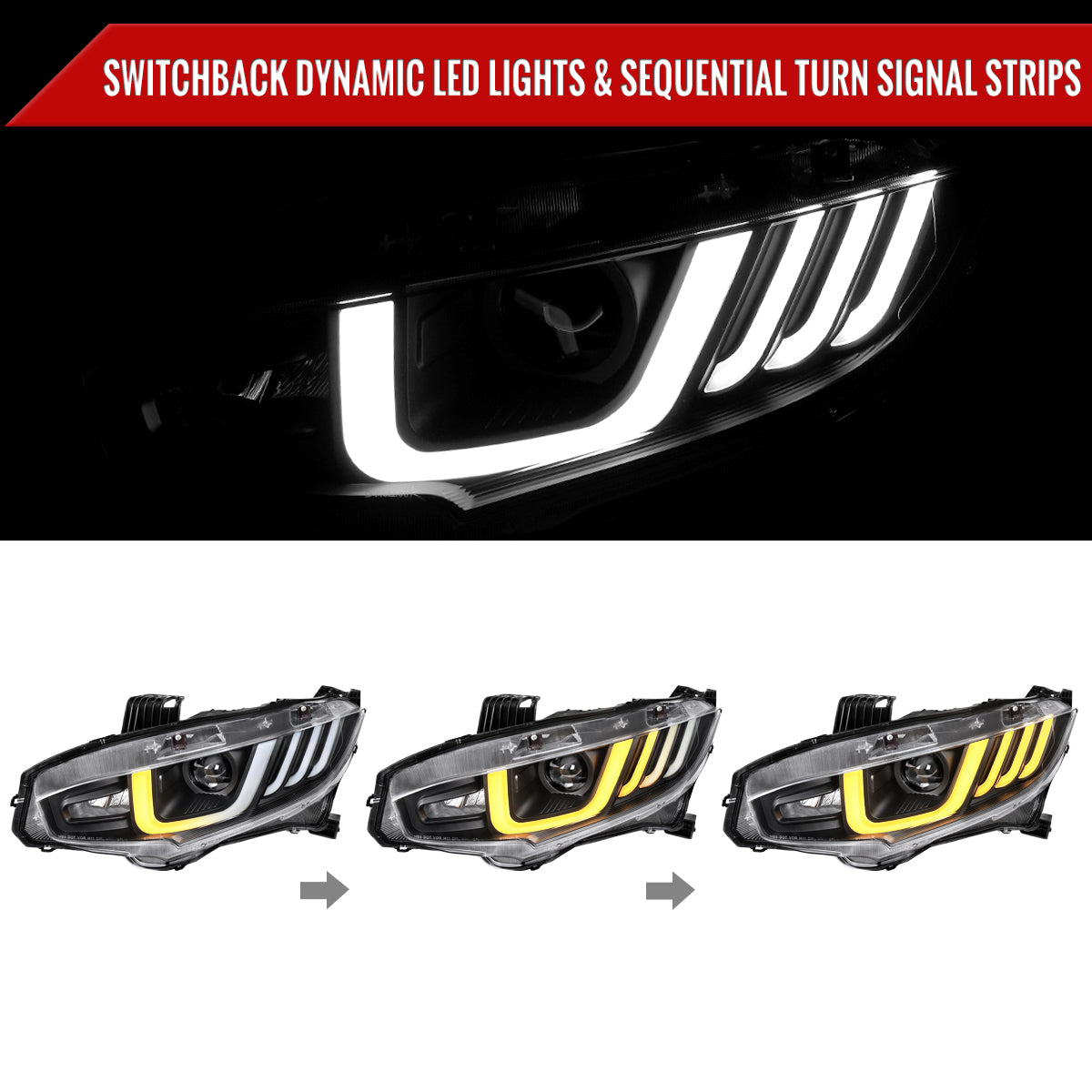 2016-2021 Honda Civic Projector Headlights w/ LED Switchback Sequential Turn Signal (Matte Black Housing/Clear Lens)