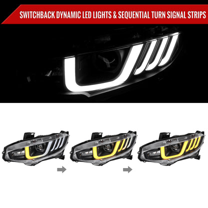 2016-2021 Honda Civic Projector Headlights w/ LED Switchback Sequential Turn Signal (Matte Black Housing/Clear Lens)