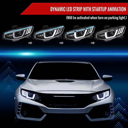 2016-2021 Honda Civic Projector Headlights w/ LED Switchback Sequential Turn Signal (Matte Black Housing/Clear Lens)