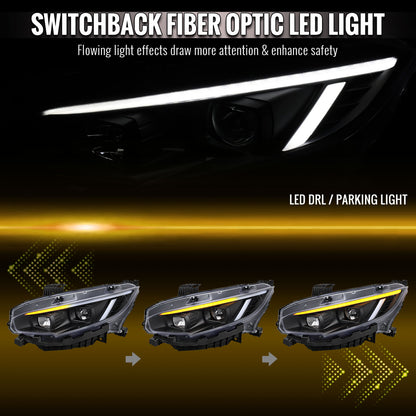 2016-2021 Honda Civic Projector Headlights w/ Switchback LED Sequential Turn Signals DRL Parking Light Strip (Matte Black Housing  / Clear Lens)