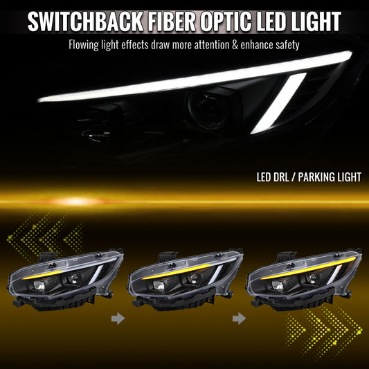 2016-2021 Honda Civic Projector Headlights w/ Switchback LED Sequential Turn Signals DRL Parking Light Strip (Matte Black Housing  / Clear Lens)