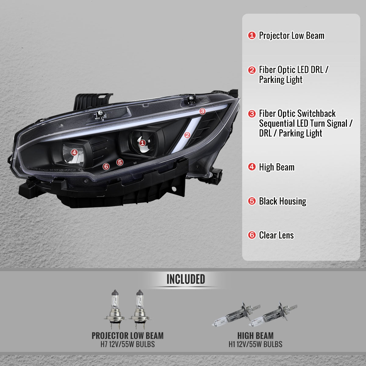 2016-2021 Honda Civic Projector Headlights w/ Switchback LED Sequential Turn Signals DRL Parking Light Strip (Matte Black Housing  / Clear Lens)