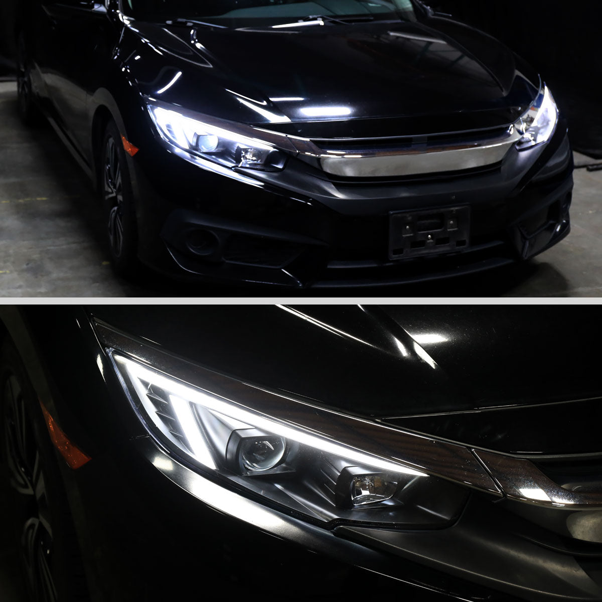 2016-2021 Honda Civic Projector Headlights w/ Switchback LED Sequential Turn Signals DRL Parking Light Strip (Matte Black Housing  / Clear Lens)