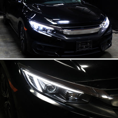 2016-2021 Honda Civic Projector Headlights w/ Switchback LED Sequential Turn Signals DRL Parking Light Strip (Matte Black Housing  / Clear Lens)