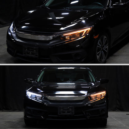 2016-2021 Honda Civic Projector Headlights w/ Switchback LED Sequential Turn Signals DRL Parking Light Strip (Matte Black Housing  / Clear Lens)