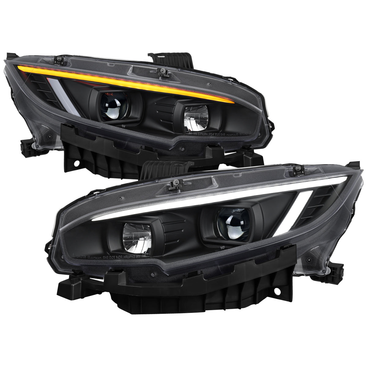 2016-2021 Honda Civic Projector Headlights w/ Switchback LED Sequential Turn Signals DRL Parking Light Strip (Matte Black Housing  / Clear Lens)