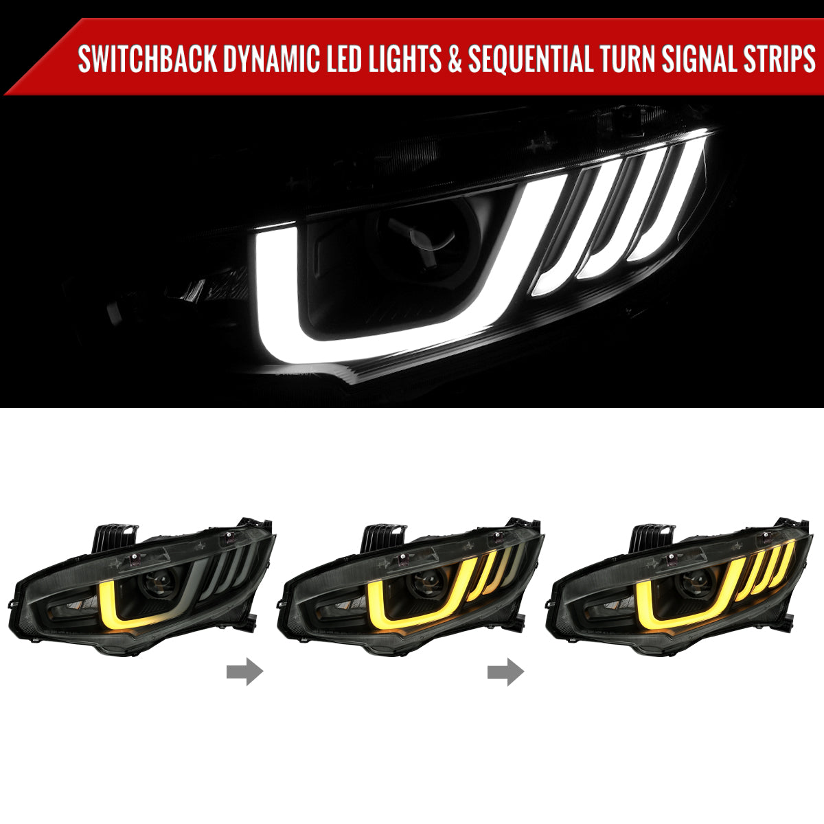 2016-2021 Honda Civic Projector Headlights w/ LED Switchback Sequential Turn Signal (Matte Black Housing/Smoked Lens)