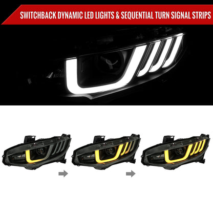 2016-2021 Honda Civic Projector Headlights w/ LED Switchback Sequential Turn Signal (Matte Black Housing/Smoked Lens)