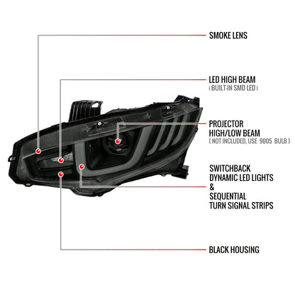 2016-2021 Honda Civic Projector Headlights w/ LED Switchback Sequential Turn Signal (Matte Black Housing/Smoked Lens)