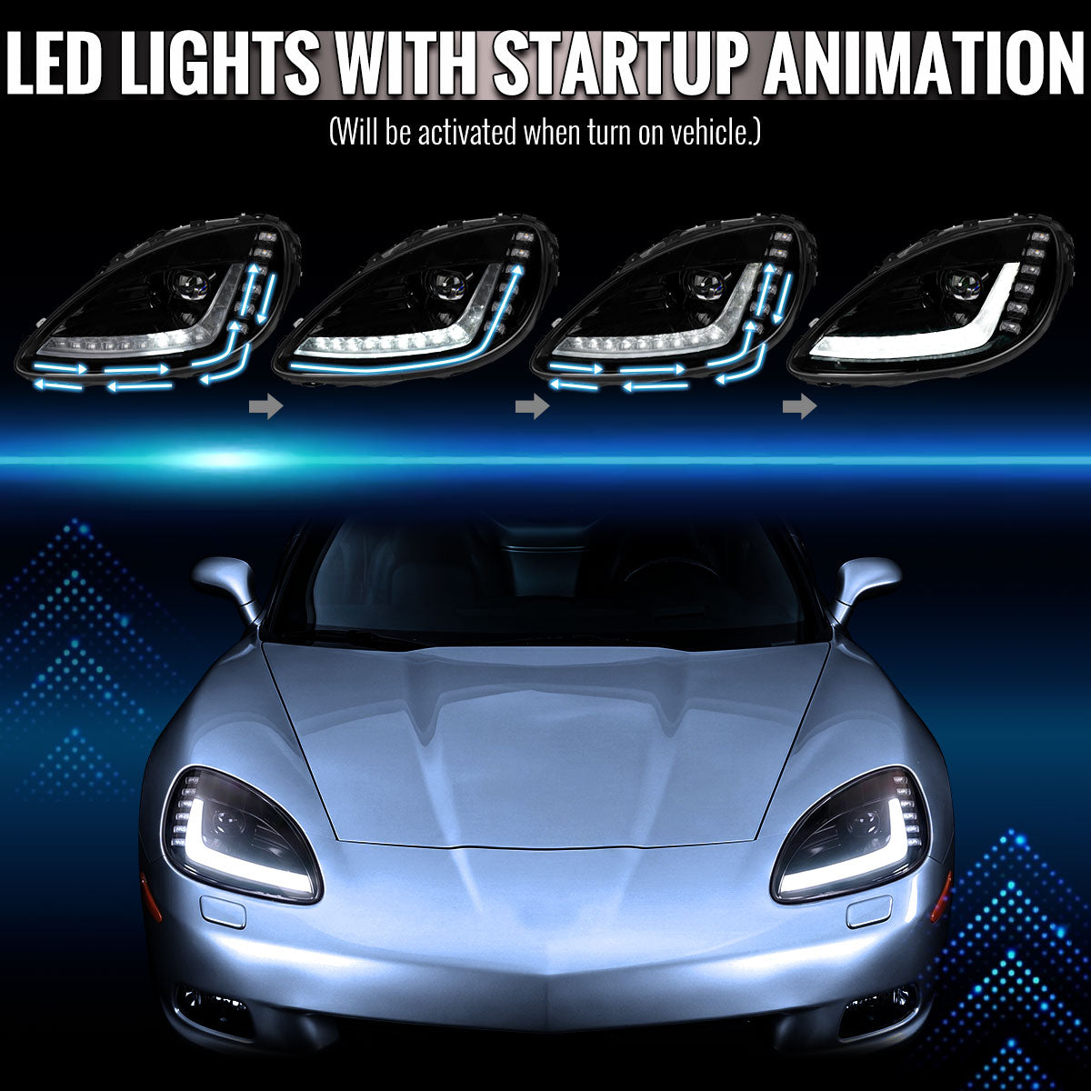 2005-2013 Chevrolet Corvette C6 Projector Headlights w/ Sequential LED Turn Signal and Park Lights with Startup Animation (Black Housing / Clear Lens)